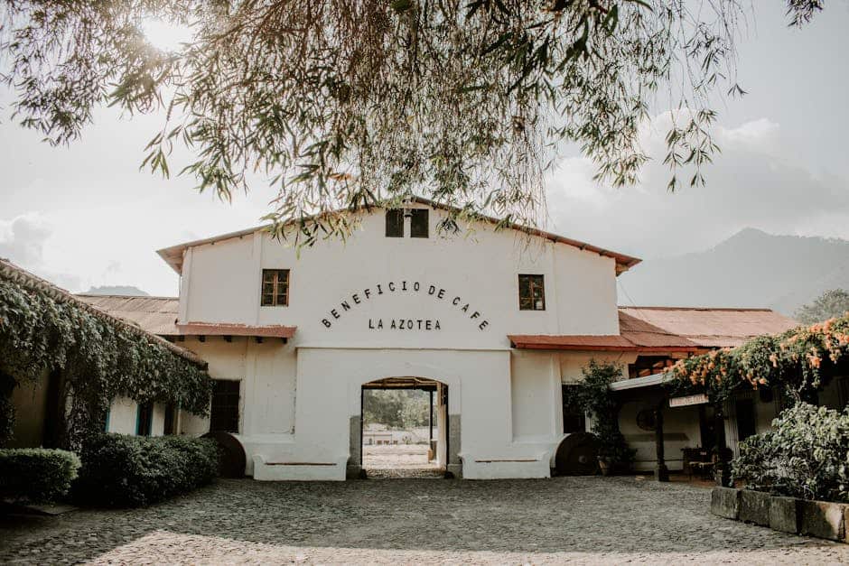 Charming historic building of Beneficio de Cafe La Azotea surrounded by lush greenery and cobblestones.