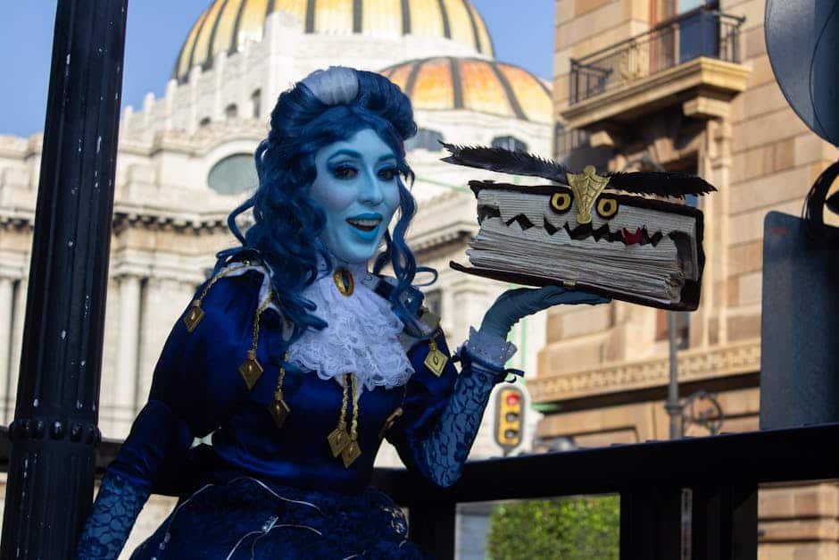 A cosplayer in elaborate costume poses with a fantasy book in an urban setting.
